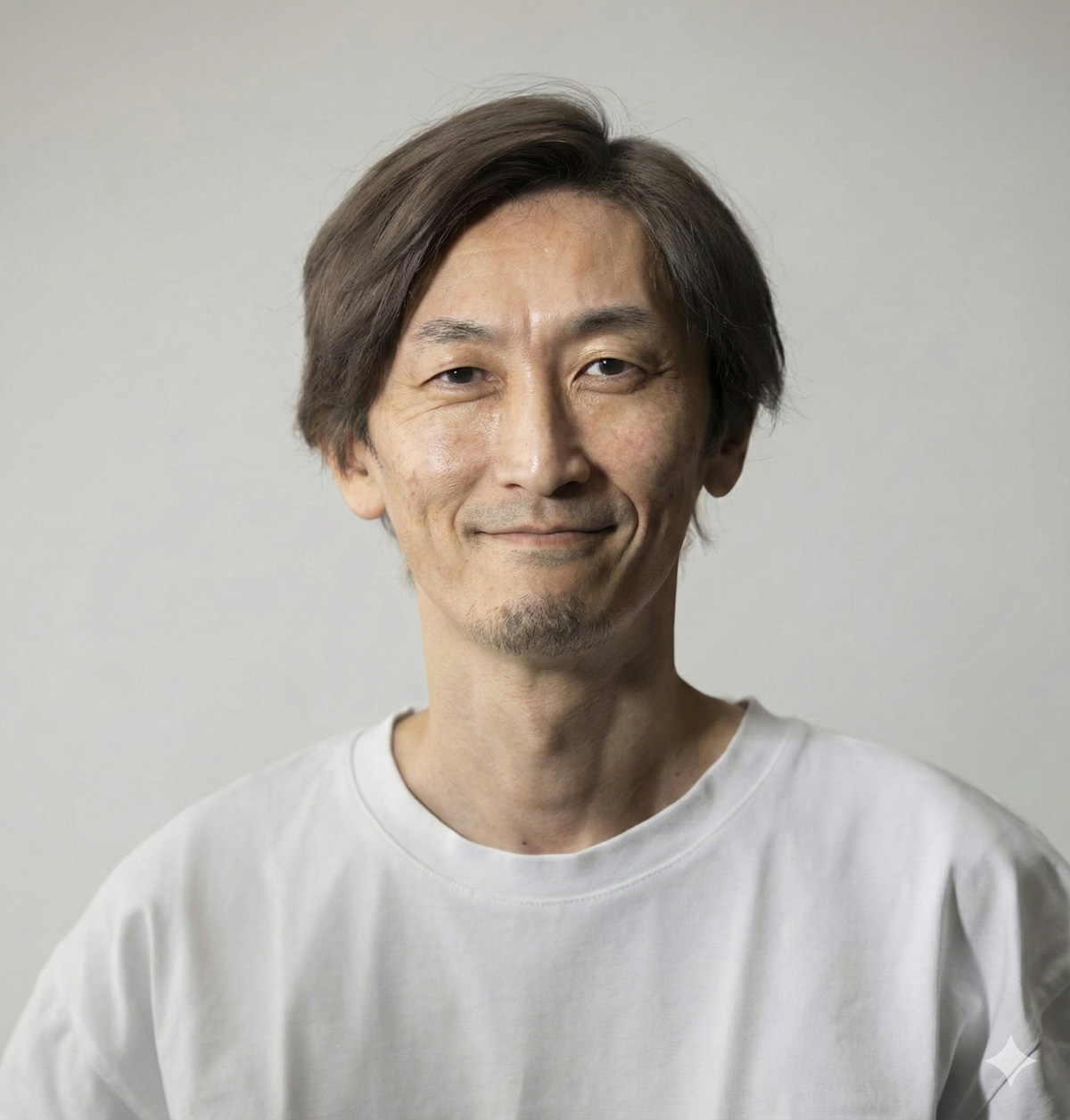 笑顔の男性。髪型や服装が維持されている。