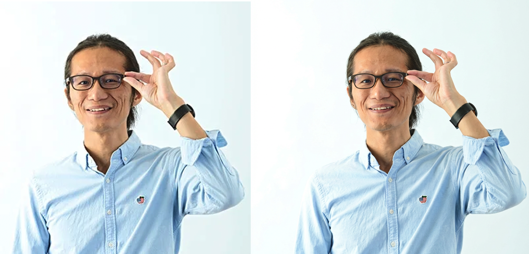 男性の正面写真メガネに手をかけている。左の画像は解像度が低くぼやけているが、右ははっきりとしている