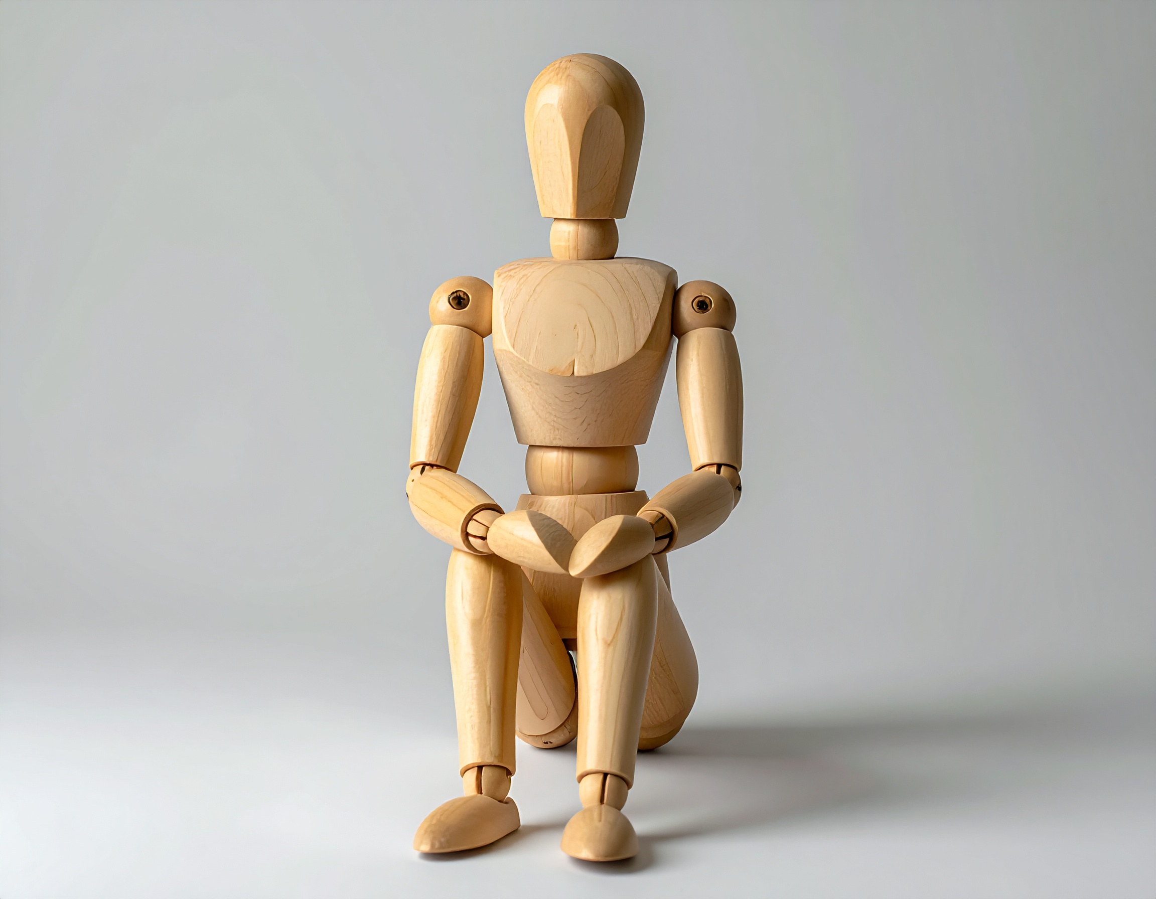 デッサン用の木製関節人形（ポーズ人形）が両手で膝を抱えて座っている
