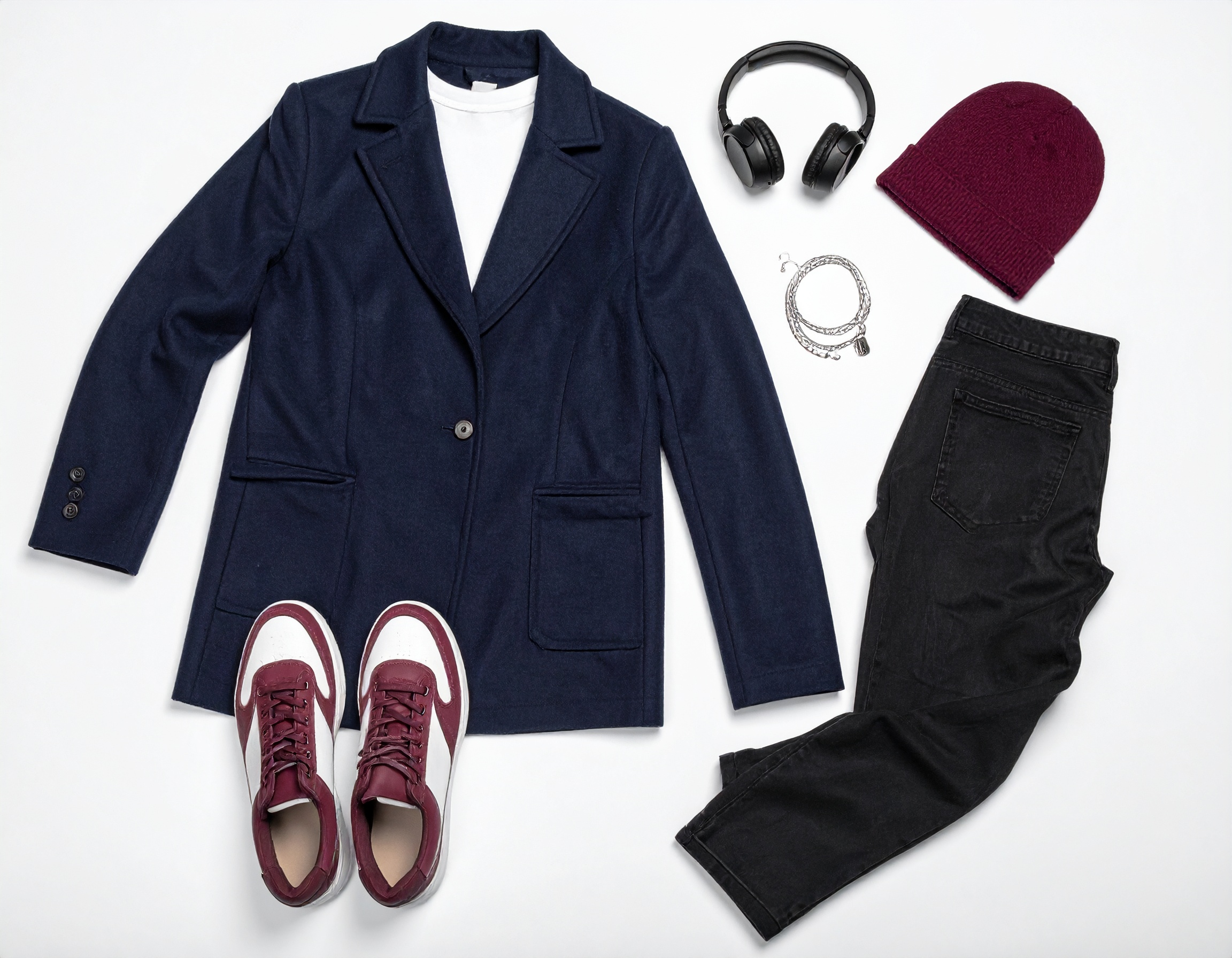 フォトリアリスティックな平置き、マネキンなし。男性ストリート衣装（濃いネイビーブルー-ボルドー-白、必要に応じて黒）を清潔な白背景に配置