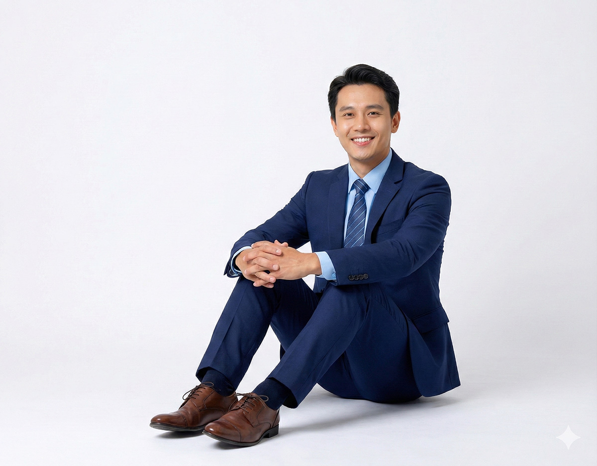 スーツの男性が体育座りをしている様子