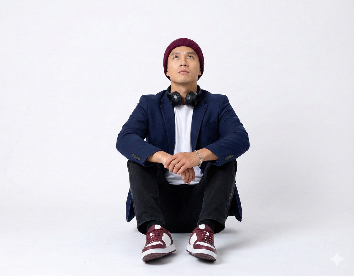 男性が座って指定された衣装を着て上を向いている